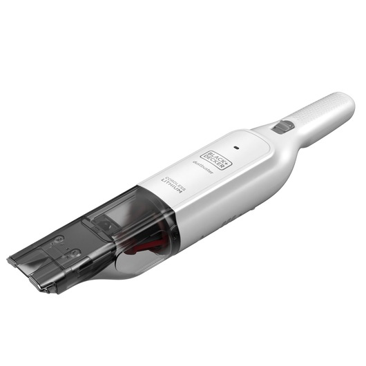 A BLACK+DECKER cordless handheld vacuum cleaner with a white body and transparent dust compartment, shown from an angled perspective.
