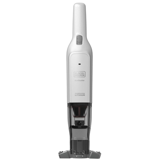 A front view of a BLACK+DECKER Dustbuster cordless lithium handheld vacuum cleaner, white with an ergonomic handle and a slim design.