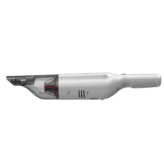 Side view of a compact handheld vacuum cleaner with a white body and transparent dust container.
