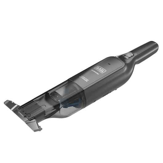 BLACKDECKER HLVC320B11 handheld vacuum cleaner, black, angled side view on white background.