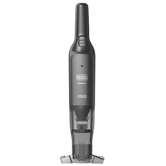 A BLACK+DECKER dustbuster cordless lithium handheld vacuum cleaner standing upright on a white background.