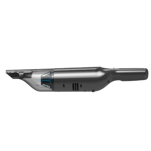 A BLACK+DECKER handheld cordless vacuum cleaner, model HLVC320J11, shown in side profile with a sleek, dark grey design.