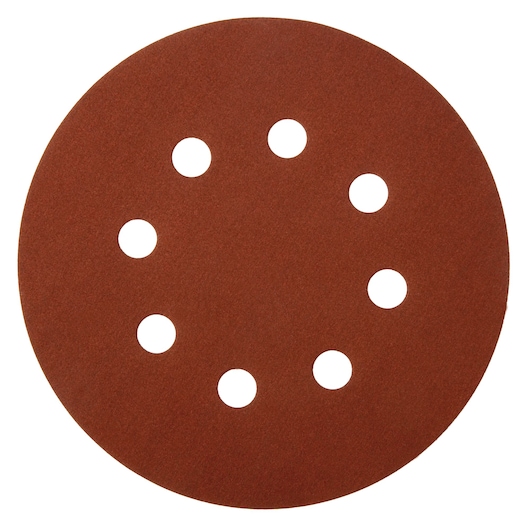 A round brown sanding disc with eight evenly spaced holes arranged in a circle near the center.