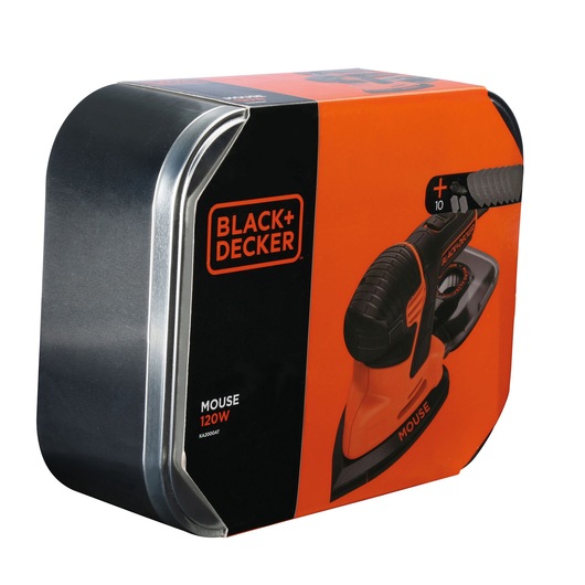 A product package of a BLACK+DECKER Mouse 120W sander, model KA2000AT. The box features black and orange colors with an image of the sander and the BLACK+DECKER logo on the front.