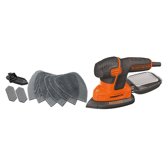 A BLACK+DECKER Mouse sander kit including an orange and black electric sander, sanding sheets, detail attachments, and accessories, displayed against a white background.