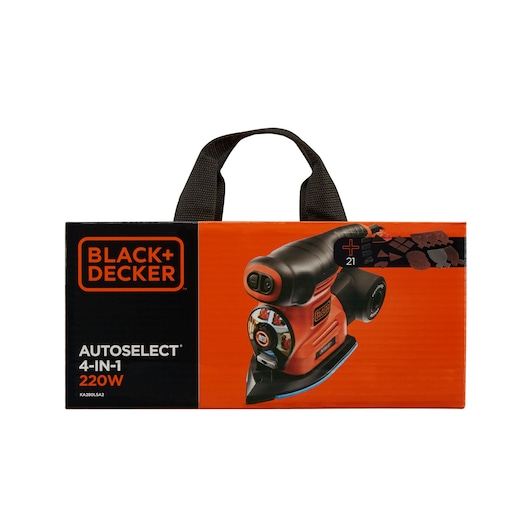 BLACK+DECKER KA280LSA2 4-in-1 220W sander tool packaging, black and orange box, front angle.