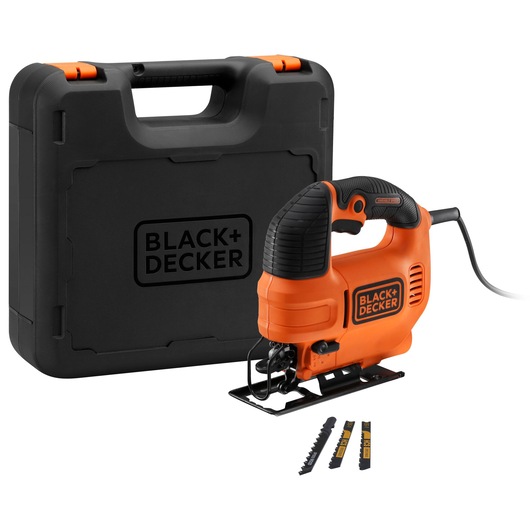 A BLACK+DECKER jigsaw with an orange and black handle, shown next to a sturdy black carrying case and three saw blades, set against a white background.
