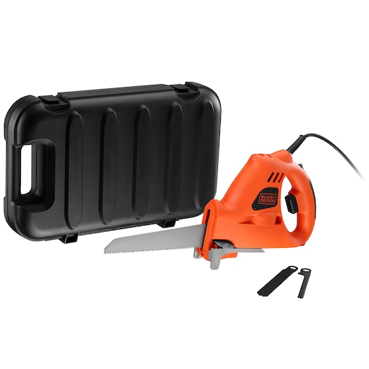 BLACK+DECKER KFBES850K electric saw with orange handle, two extra blades, and black carrying case, side angle.