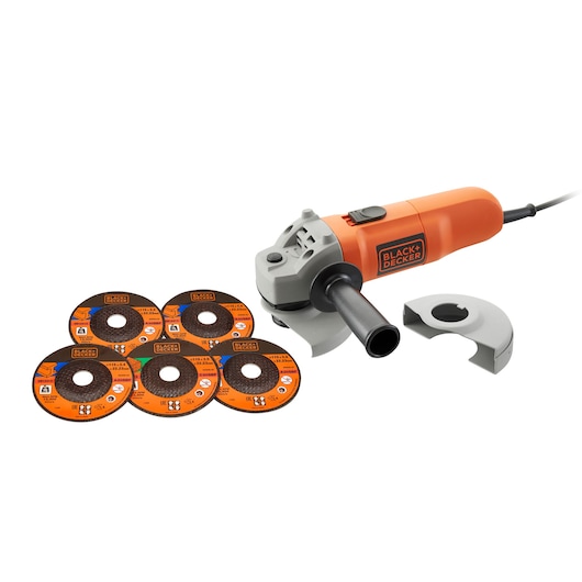 A BLACK+DECKER angle grinder set including an orange and gray grinder, five grinding discs, and a detachable safety guard, all displayed on a white background.