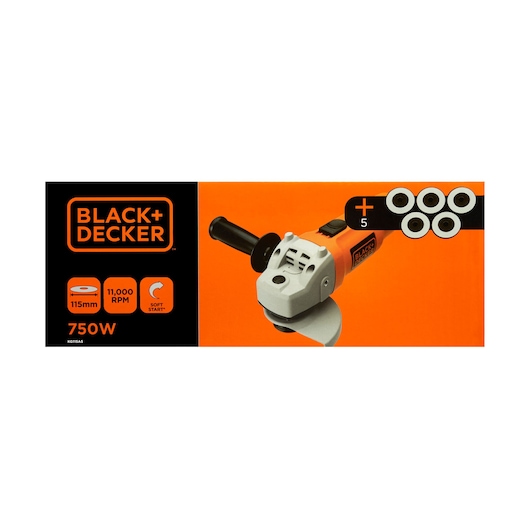 Photo of BLACK+DECKER angle grinder KG115A5, 750W, 115mm, 11,000 RPM, soft start, with five extra discs, box front view.
