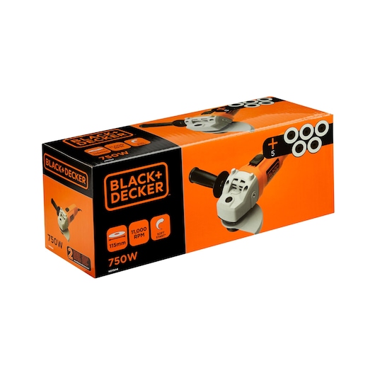 Photo of BLACK+DECKER angle grinder 750W KG115A5 in orange box with product image, specs, and branding, front angle.