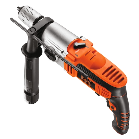 Perceuse à percussion 1100W - Vitesse variable 0-1100 et 0-3200 trs/min, 54 400 cps/min, 2 vitesses, mandrin métal 13 mm, gâchette 2 doigts - 1 coffret, 1 guide de profondeur, 1 poignée latérale - BLACK+DECKER, KR1102K-QS