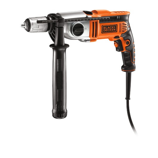 A BLACK+DECKER corded electric drill with an auxiliary handle, shown in a side view. The drill features a black and orange design.
