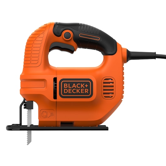 Side view of an orange BLACK+DECKER electric jigsaw with a black handle and cord, showing the blade and ergonomic grip design.