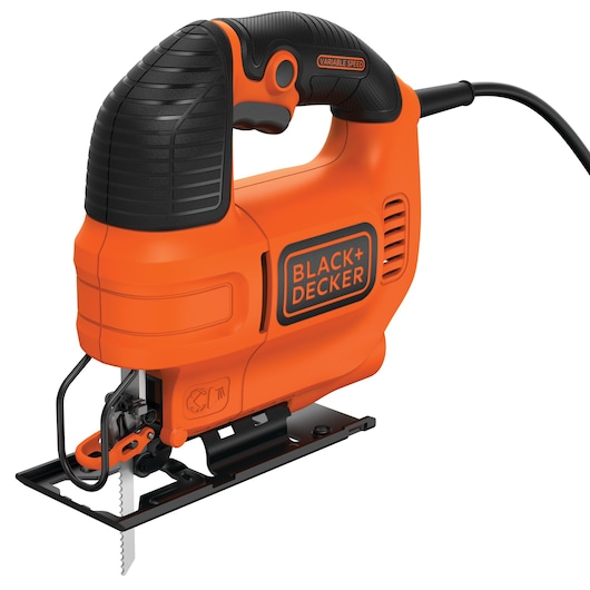 Close-up of a BLACK+DECKER KS701E jigsaw, featuring an orange and black design with a variable speed control, electrical cord, and visible blade.