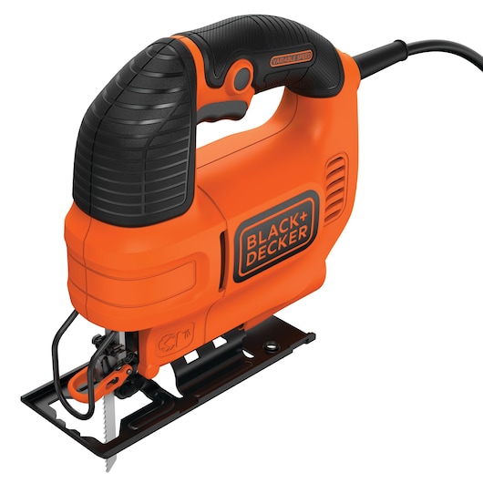 A BLACK+DECKER KS701E electric jigsaw, orange and black in color, with a cord for power and a visible blade attached at the bottom.