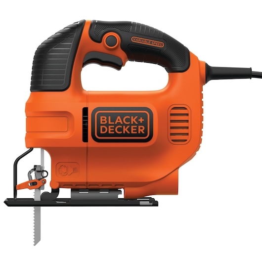 An orange and black BLACK+DECKER electric jigsaw with a visible blade and handle, shown from the side on a white background.
