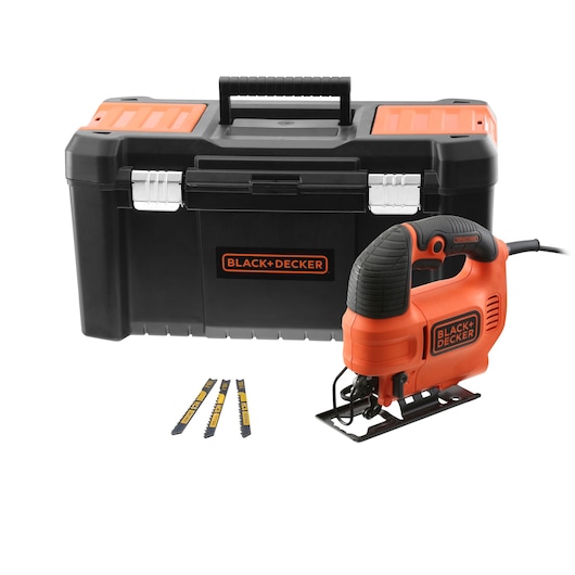 A BLACK+DECKER jigsaw set including an orange and black jigsaw, three extra blades, and a sturdy black toolbox with orange accents, photographed on a white background.