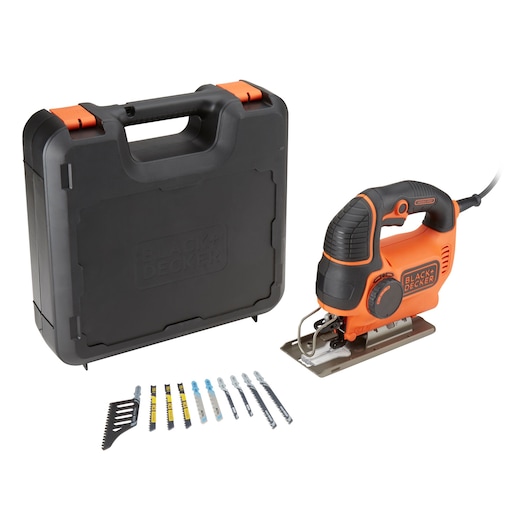 BLACK+DECKER jigsaw set including an orange and black electric jigsaw, various saw blades and accessories, and a sturdy black carrying case.