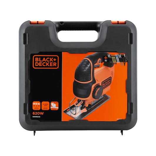 BLACK+DECKER jigsaw KS901PEKA10 with 10 blades, orange and black, shown in hard carrying case, front view.
