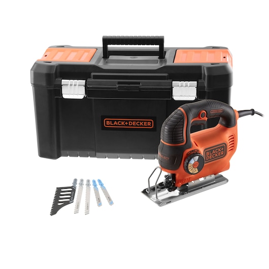 A BLACK+DECKER jigsaw with an orange and black design is shown next to a large black tool box with orange accents and the BLACK+DECKER logo. Also displayed are several saw blades and an accessory in front of the tool box.