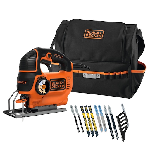 A BLACK+DECKER jigsaw set including an orange and black jigsaw, multiple saw blades, and a black carrying bag with orange accents and the BLACK+DECKER logo.