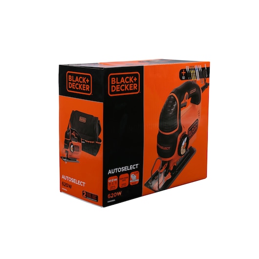 Box packaging for a BLACK+DECKER AutoSelect 620W jigsaw, featuring an image of the jigsaw tool, a carrying case, and accessories. The box is orange and black with product branding and specifications.