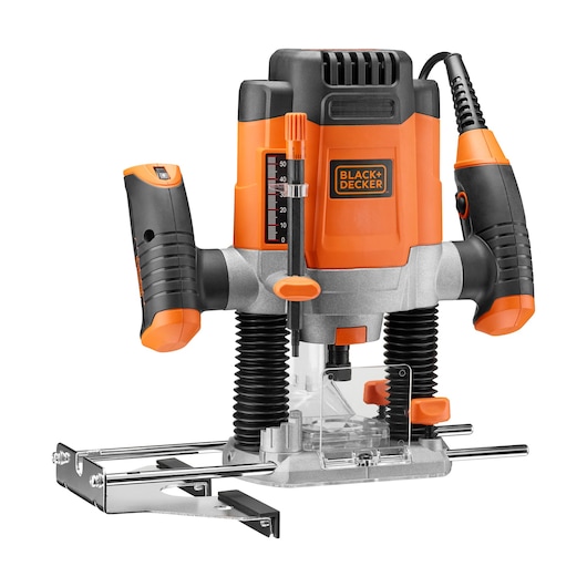 BLACK+DECKER KW1200EKA plunge router with orange and black casing, adjustable depth gauge, ergonomic handles, and metal guide rails.