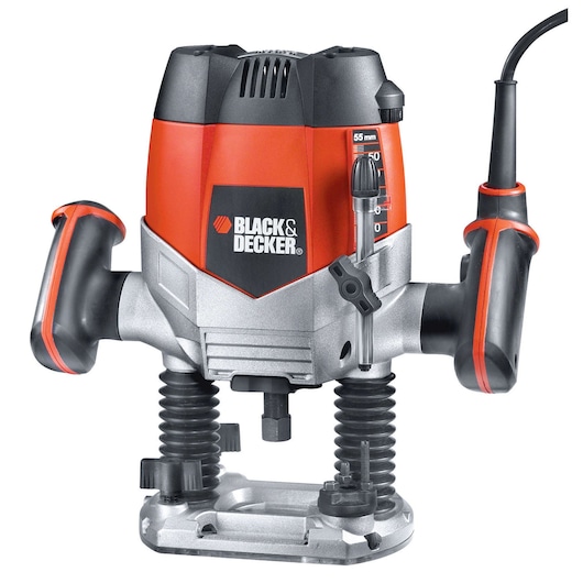 A BLACK+DECKER branded plunge router, model KW900E, featuring dual handles, a depth adjustment gauge, and a power cord. The tool is predominantly red, black, and silver.