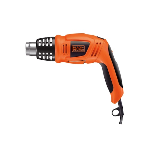 An orange and black BLACK+DECKER heat gun with ergonomic handle and power cord, shown against a white background.