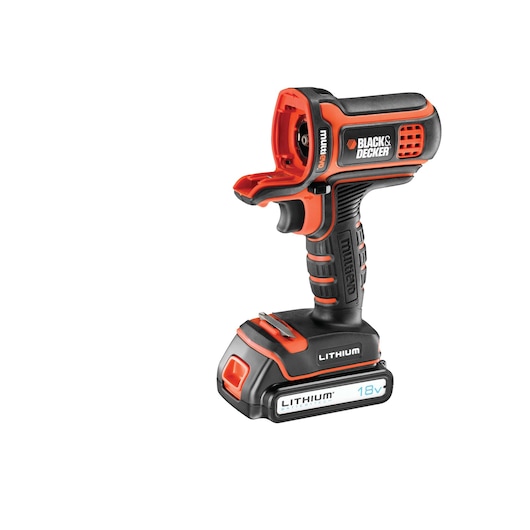 Cordless Black & Decker 18V lithium battery-powered multi-tool body with black and orange accents, shown without an attachment and isolated on a white background.