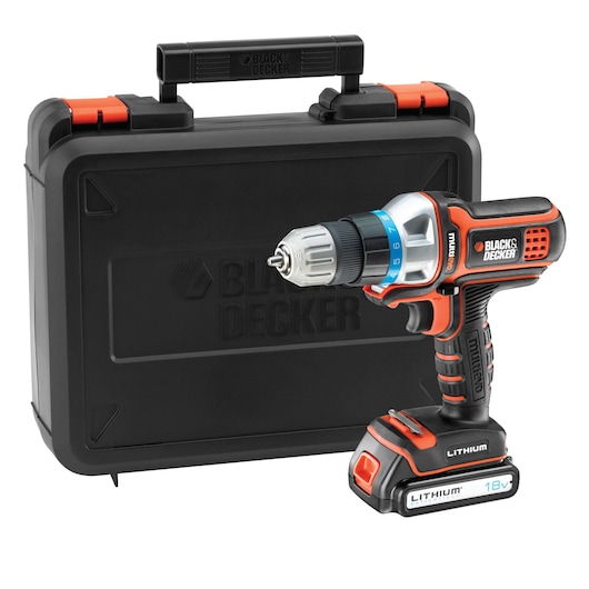 A BLACK+DECKER cordless electric drill with an 18V lithium battery, shown next to a black plastic carrying case.