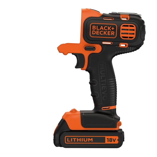 Photo of BLACKDECKER MT218K 18V lithium cordless drill body, orange and black, side view.