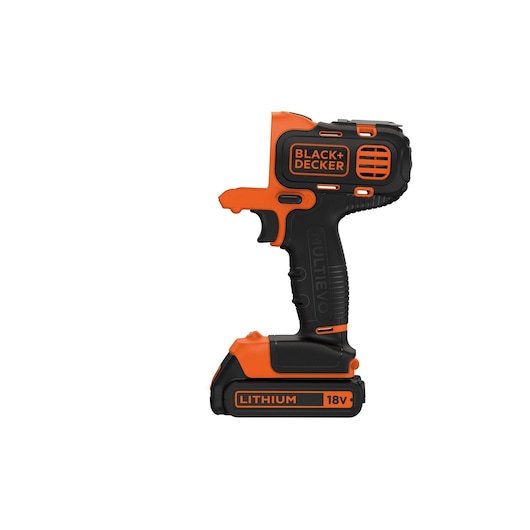 Photo of BLACK+DECKER MT218K cordless drill driver, black and orange, side view, with 18V lithium battery.
