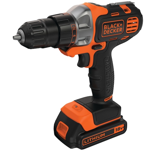 A BLACK+DECKER cordless electric drill with an orange and black design, featuring a lithium 18V battery, keyless chuck, and ergonomic grip.