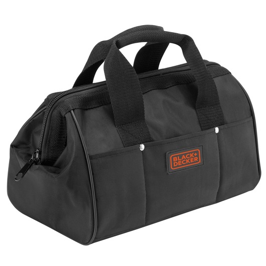 A black fabric tool bag with two handles and a zipper, featuring the BLACK+DECKER logo on the front.