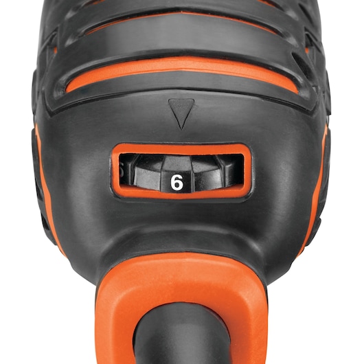 BLACKDECKER MT280BA power tool close-up, black and orange speed control dial set to 6, front angle.