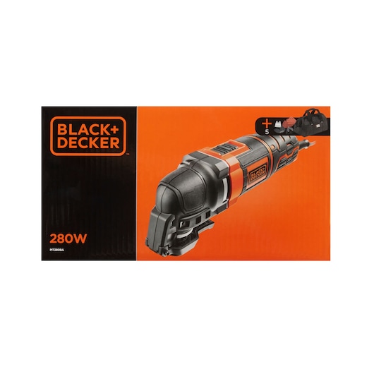 BLACK+DECKER MT280BA multi-tool kit box, orange and black, includes tool, 5 accessories, and carrying bag, front view.