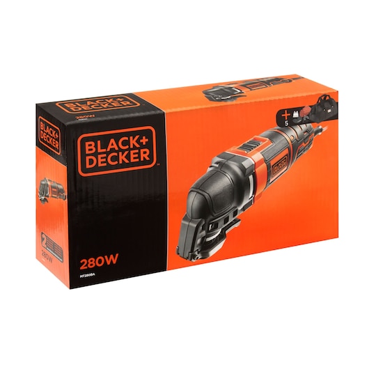 BLACKDECKER MT280BA multi-tool box, black and orange packaging with product image and accessories shown, front angle.