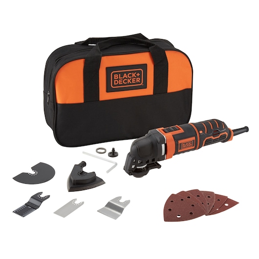 A BLACK+DECKER multi-function oscillating tool set, including a black and orange carrying case, a power tool, various blades, sanding pads, and accessories arranged neatly.