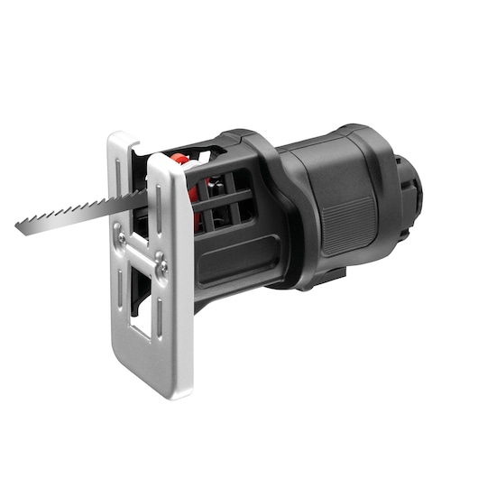 A BLACK+DECKER reciprocating saw attachment with a metal blade and sturdy black and silver housing, shown isolated on a white background.