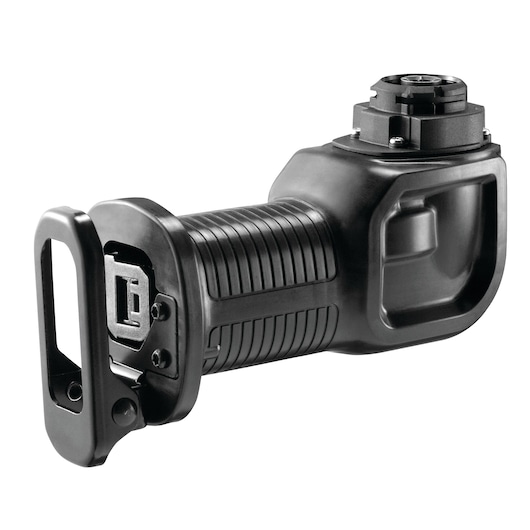 A close-up image of a BLACK+DECKER MTRS10 reciprocating saw attachment, designed for use with compatible power tools. The attachment is black with a ribbed handle and metallic blade housing.