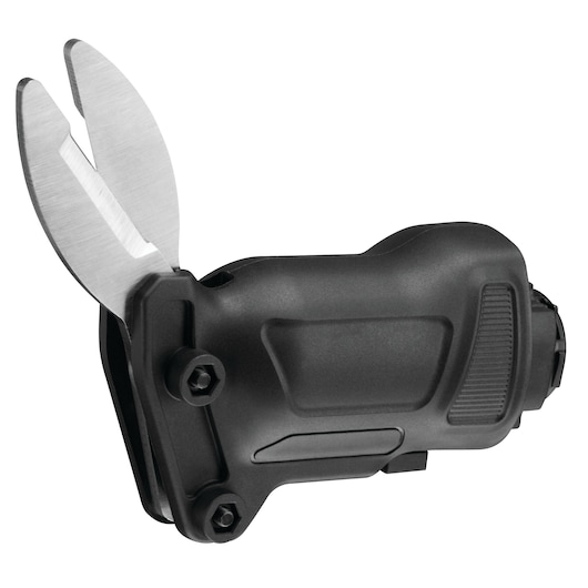 A BLACK+DECKER multi-tool attachment with a pair of sharp, curved metal blades, designed for cutting materials. The attachment has a black ergonomic body with visible bolts and textured grip.