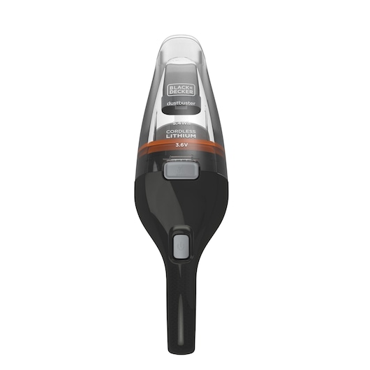 A BLACK+DECKER handheld cordless vacuum cleaner, Dustbuster model, shown upright. The vacuum has a transparent dust container, a black ergonomic handle, and labeling indicating it uses a 3.6V lithium battery.