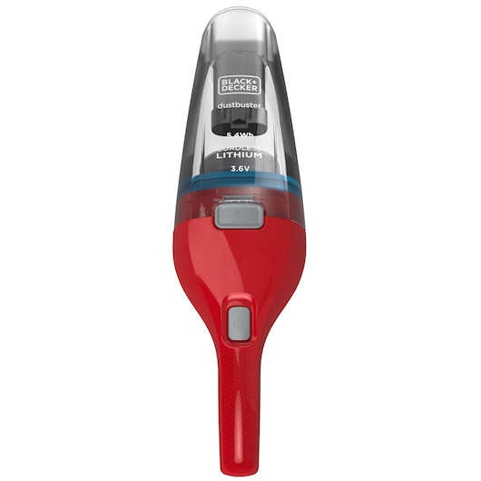 Front view of a BLACK+DECKER dustbuster handheld cordless lithium vacuum cleaner, featuring a red body and grey translucent nozzle.