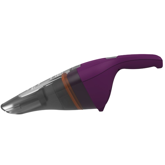 A BLACK+DECKER handheld vacuum cleaner with a purple handle and translucent dust container, shown in a side view.