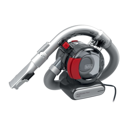 BLACKDECKER PD1200AV handheld vacuum cleaner with flexible hose, side angle, black and red design.