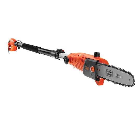 BLACKDECKER PS7525 pole saw, orange and black, side angle, 25cm blade, photography on white background.