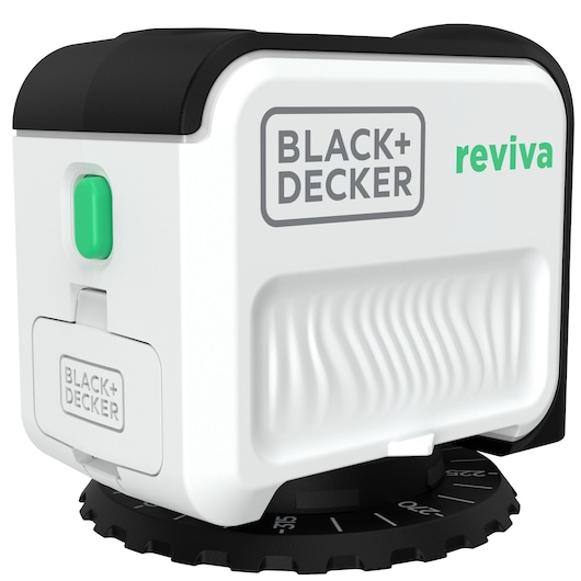 BLACK+DECKER REVBDLL100 laser level, white body with green button, angled view on white background.