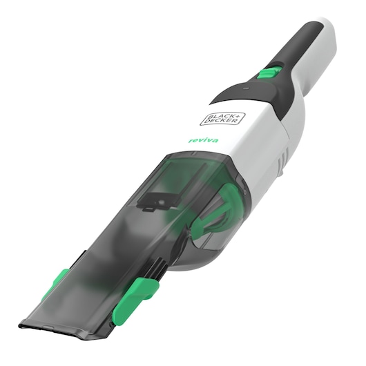 BLACK+DECKER REVHV8C handheld vacuum with white and black body, green accents, angled front, on white background.